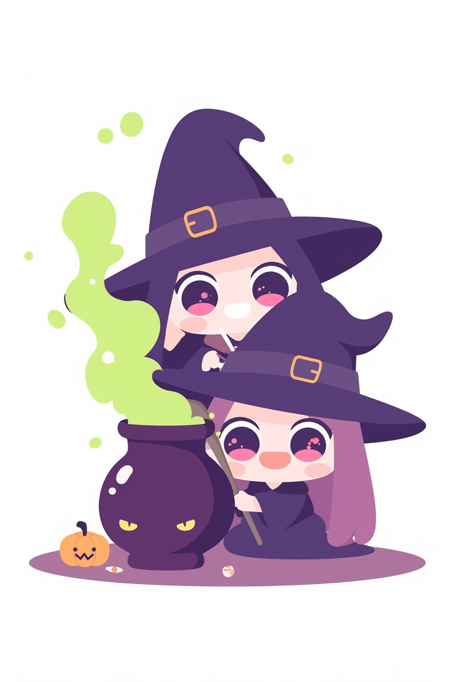 cute halloween drawings for kids, depicting two delightful witches brewing a magical green potion with a playful pumpkin and spirited cauldron.